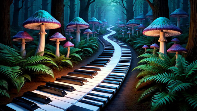 Surreal fantasy forest landscape with a winding path made of piano keys and glowing magic mushrooms