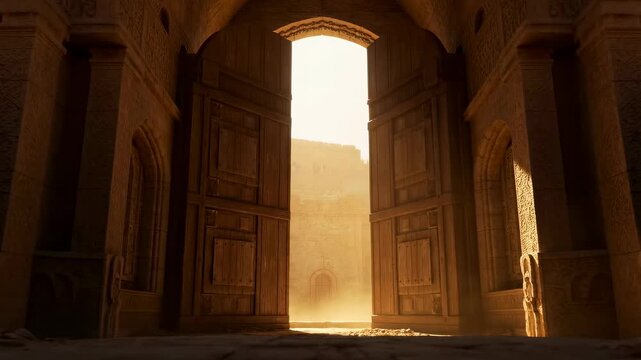 Majestic ancient doors opening to a sunlit desert landscape. Symbolizing new beginnings and exploration in a historical context