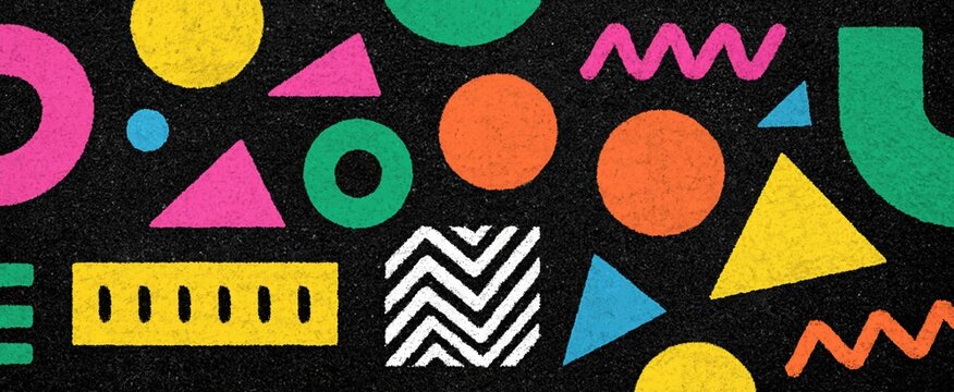 Child chalk texture evokes playful joy with vibrant pop art playground and abstract patterns.
