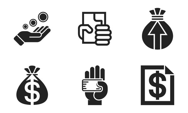 Set of financial and banking icons depicting money transactions, investment growth, and payment methods for business.
