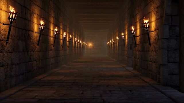 Dimly lit stone corridor with flickering torches creating an eerie atmosphere. A mysterious passageway evoking feelings of adventure and exploration