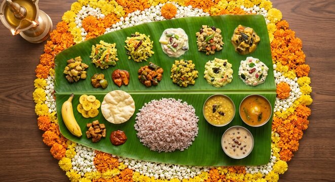 Onam Sadya Feast Traditional Kerala Dishes on Banana Leaf