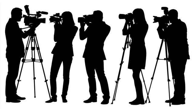 Photography and videography faceless silhouettes of professional media crews camera operators and photographers in action poses black vector icon set, media crews, camera