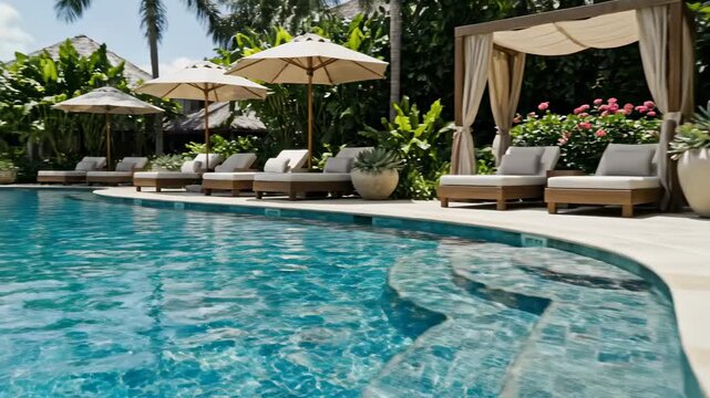 Tropical resort infinity pool with palm trees and sun loungers