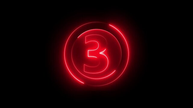 Glowing red neon countdown timer number three with circular frame on black background, number 3