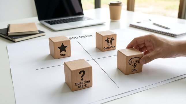 A hand places a wooden block with a dog icon on a BCG matrix chart, representing a business strategy session.