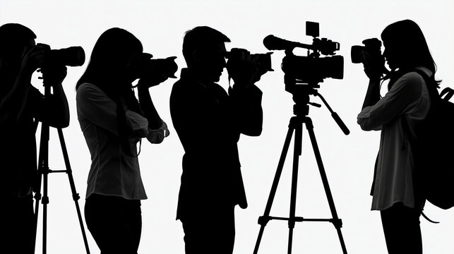 Faceless silhouette set of professional photographers and videographers with cameras tripods backpacks filming taking photos media production journalism creative photography