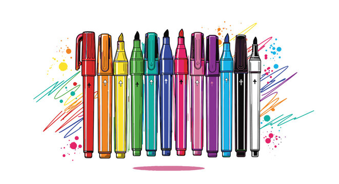 Colorful pens and pencils arranged neatly.