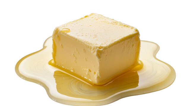 Melting butter cube with liquid oil pooling around it
