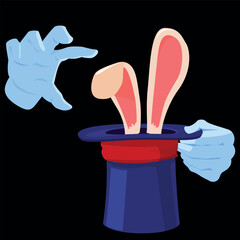 Obraz premium Magician hands in white gloves hold magic hat with hare inside, the ears stick out, vector illusionist show focus trick