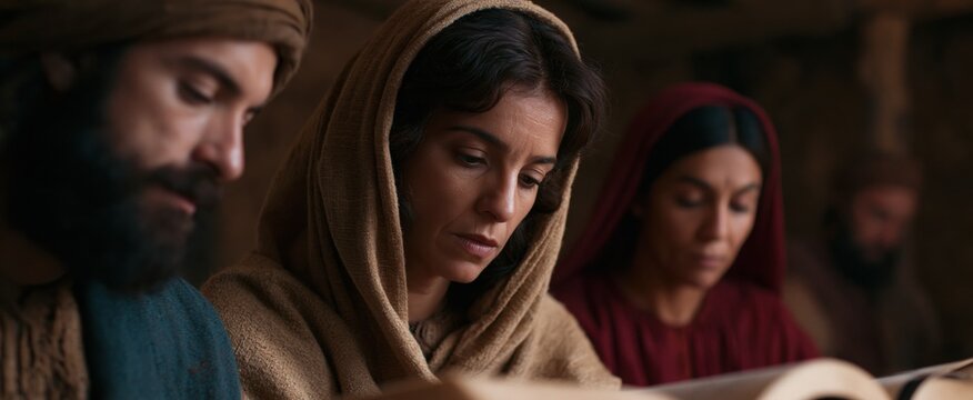 In a weathered ancient chamber, a devoted woman and early followers engage in studying sacred scriptures, highlighting spiritual connection.