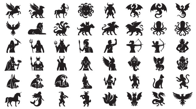 Mythological creatures and ancient gods icons, 48 black silhouette vector set, legendary monsters and folklore deities for gaming and education