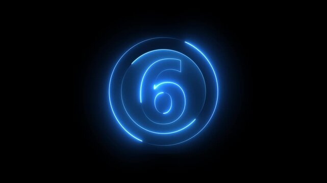 Neon blue glowing number six countdown timer with circular hud interface animation