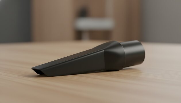Black plastic small nozzle attachment for vacuum cleaner and electronics cleaning lying on a wooden table, representing home hygiene and house work maintenance concept