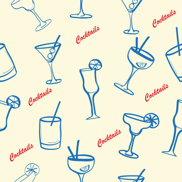 Hand Drawn Cocktails Seamless Pattern Background