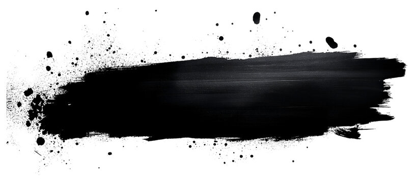 Horizontal black brush stroke with splatter isolated on transparent background PNG