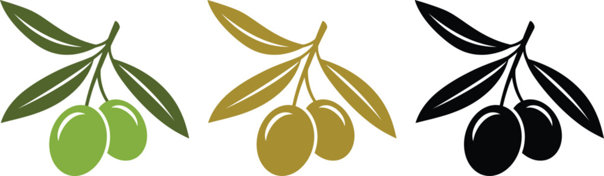 Olive Branch Icons Vector Set - Green Gold Black Organic Olives Leaf Logo Design Graphics