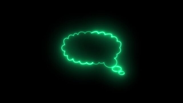 Neon green glowing thought bubble animation on black background, speech