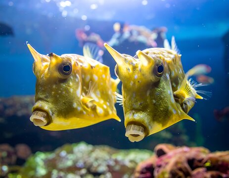 Two Yellow Fish Swimming Underwater Ocean.