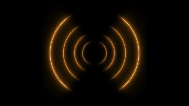 Pulsing golden radio waves animation, abstract glowing signal frequency concept on black background broadcast