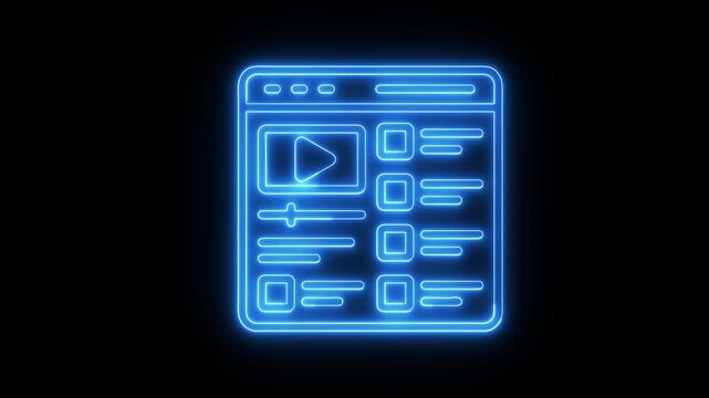 Neon Video Streaming Interface Icon Blue Glowing Media Player Dashboard UI Design Digital Content Platform Outline Symbol on Black Background