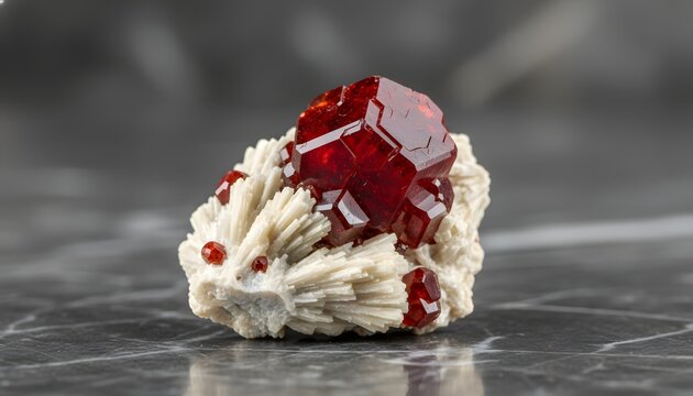 Red vanadinite crystal on white barite matrix displayed on a dark marble surface, symbolizing rare natural mineral science and geological treasure concept