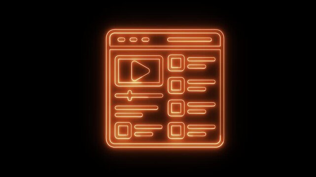 Neon Video Streaming Interface Icon Blue Glowing Media Player Dashboard UI Design Digital Content Platform Outline Symbol on Black Background