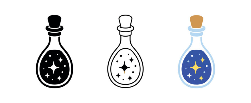 Potion bottle icon set. Magic flask, elixir, bottle with cork, stars, fantasy, alchemy. Line, flat and colored vector icon set.