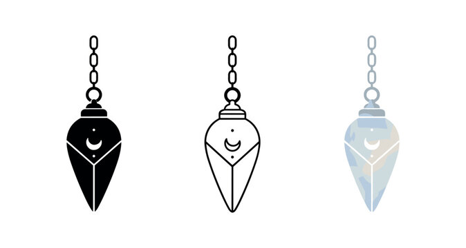 Crystal pendulum icon set. Pendant, crystal, chain, moon, amulet, divination, charm. Line, flat and colored vector icon set.