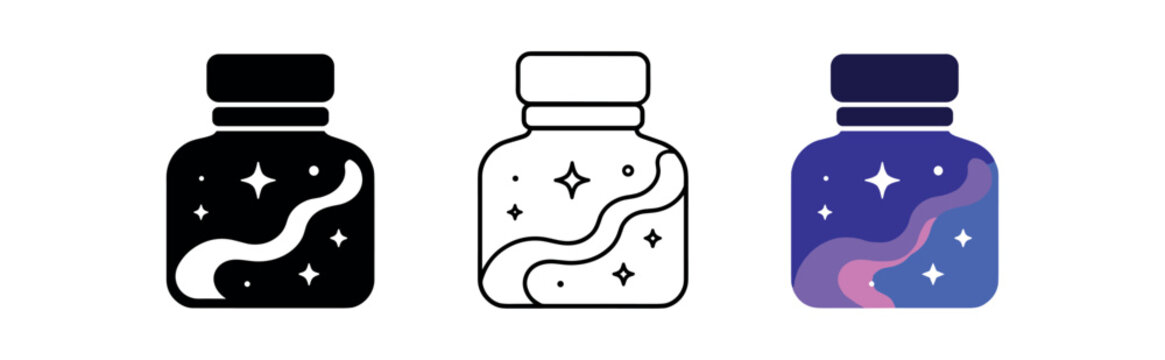 Magic jar icon set. Potion jar, bottle, galaxy, stars, nebula, elixir, spell. Line, flat and colored vector icon set.