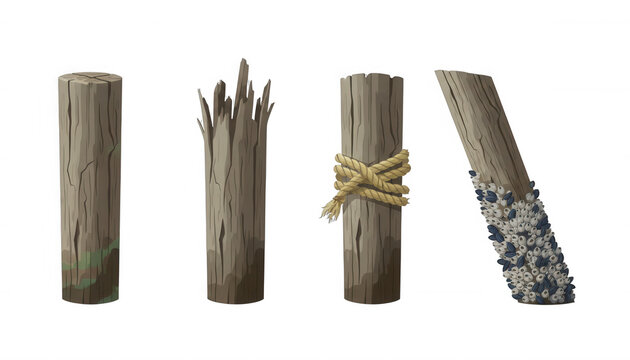 Collection of Weathered Wooden Pier Pilings and Posts
