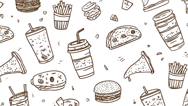 Fast food pattern with burgers, fries, pizza, and drinks.