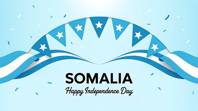 Somalia Happy Independence Day Banner with Waving Blue Flags, White Stars Confetti Streamers and Celebratory Design Background