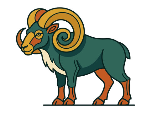Stylized ram with large curved horns stands on a white background