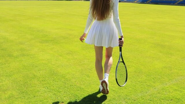 Young woman walking with tennis racket and ball across green stadium grass, female athlete in white sports outfit enjoying amateur tennis practice outdoors, active lifestyle, recreation and leisure
