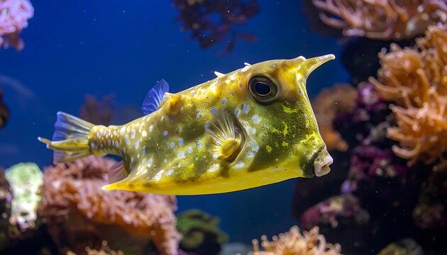 Yellow tropical fish swimming near coral.