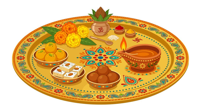 Vibrant Traditional Indian Puja Thali with Auspicious Offerings, Delicious Sweets, and a Glowing Diya Lamp for Hindu Festival Celebrations, Detailed Vector Artwork