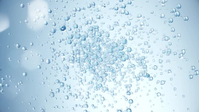 3D animation of two blue cosmetic serum bubbles merging and bursting into water drops and molecules. Concept of deep hydration and skincare product science.