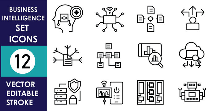 Business intelligence vector icon set featuring automation, analytics, cloud integration, data flow, monitoring, collaboration, reporting, optimization, and digital transformation