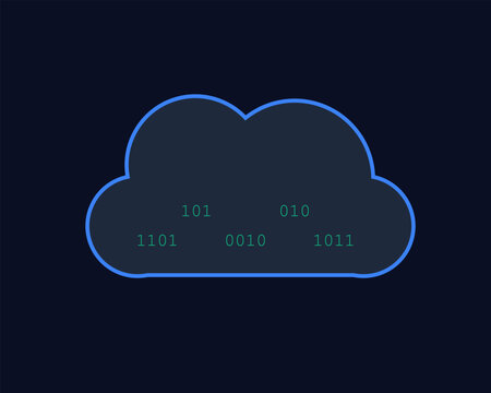 Cloud computing concept with binary code on dark blue background.
