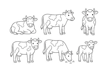Obraz premium Line art illustration of cows in various poses and positions on white background