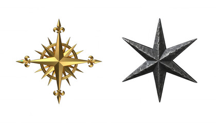 Obraz premium Golden Nautical Compass Rose and Dark Hammered Metal Star