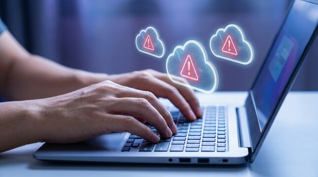 System administrator managing cloud infrastructure and server security alerts displayed as digital notification warning clouds on laptop screen with infrastructure