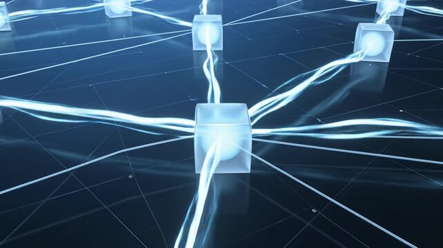 Glowing blue 3D blocks connected in a digital network representing blockchain or smart grid