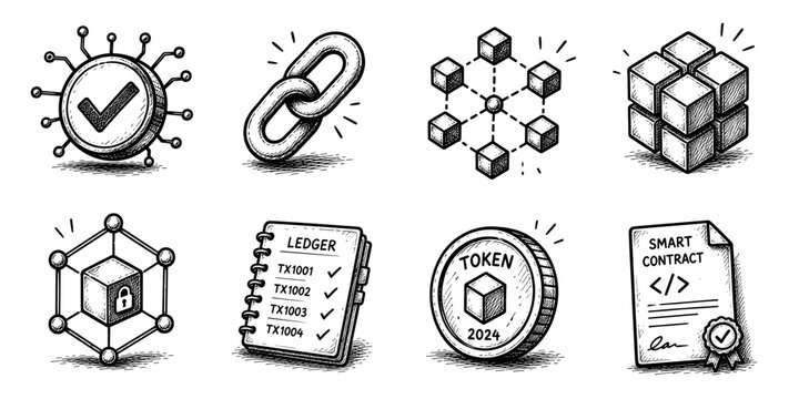 Blockchain technology sketch icon collection in black. Set of verified network, chain link, distributed nodes, blocks, secure ledger, token and smart contract icons in doodle style
