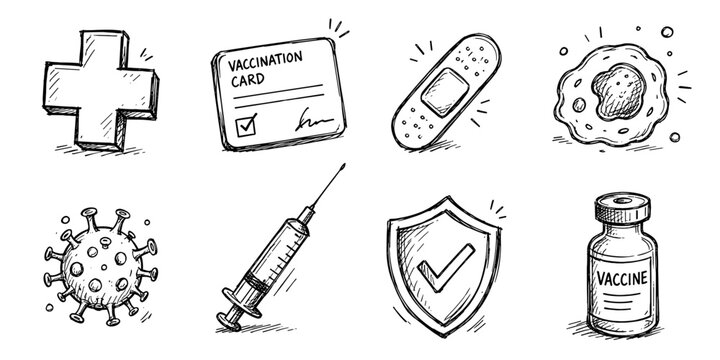Vaccination sketch icon collection in black. Set of medical cross, vaccination card, bandage, immunity cell, virus, syringe, protection shield and vaccine vial icons in doodle style