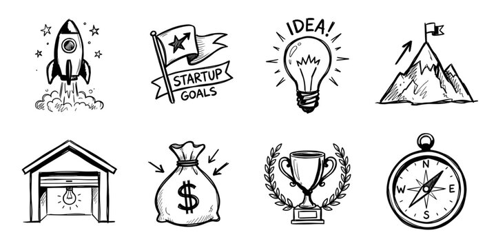 Startup success sketch icon collection in black. Set of rocket launch, startup goals, creative idea, mountain achievement, garage startup, investment funding, business award and strategic direction
