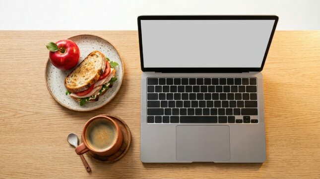 Work Lunch Break Flat Lay with Laptop Sandwich and Coffee