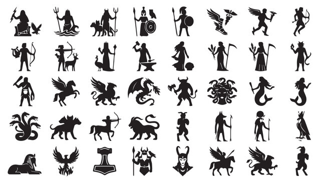 Ancient mythology icons set, 40 black silhouette vector illustrations of Greek and Roman gods, mythical creatures and legendary monsters