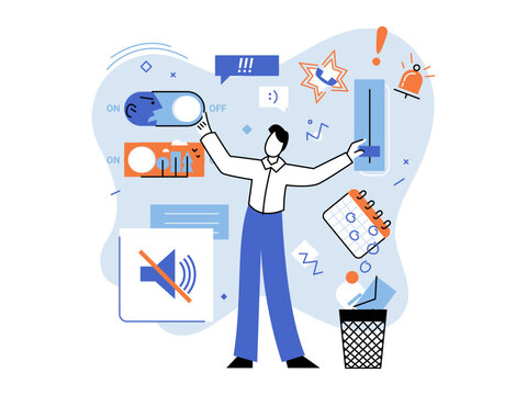 Person managing digital notifications and settings vector illustration. Digital detox, mental health, productivity, focus, information overload, time management. Man controlling online noise
